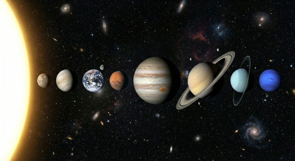 Solar system planets from Mercury to Neptune